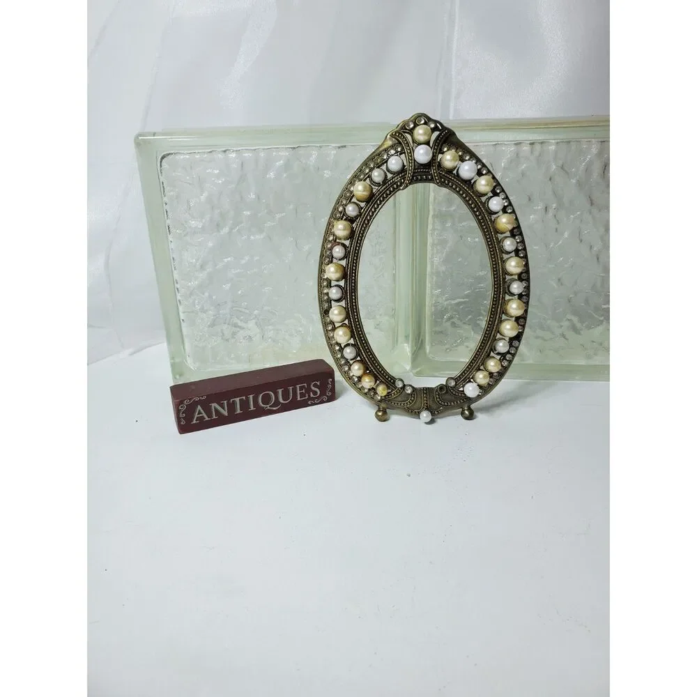 Vintage Sytle Metal Ornate Oval Frame Decorated in pearl and Crystal Accents